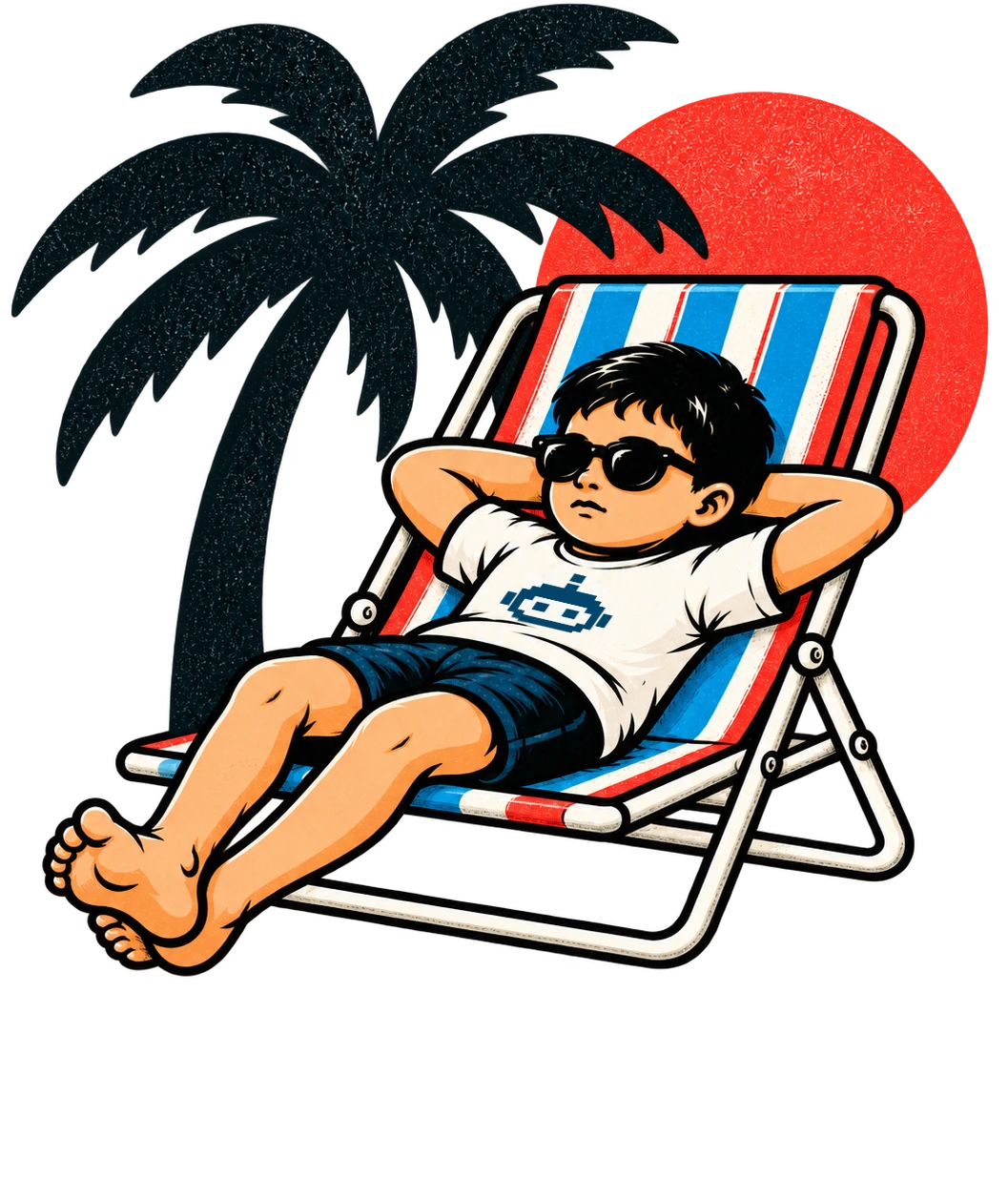 Ottomeit mascot relaxing in a striped chair beneath a palm tree and sun